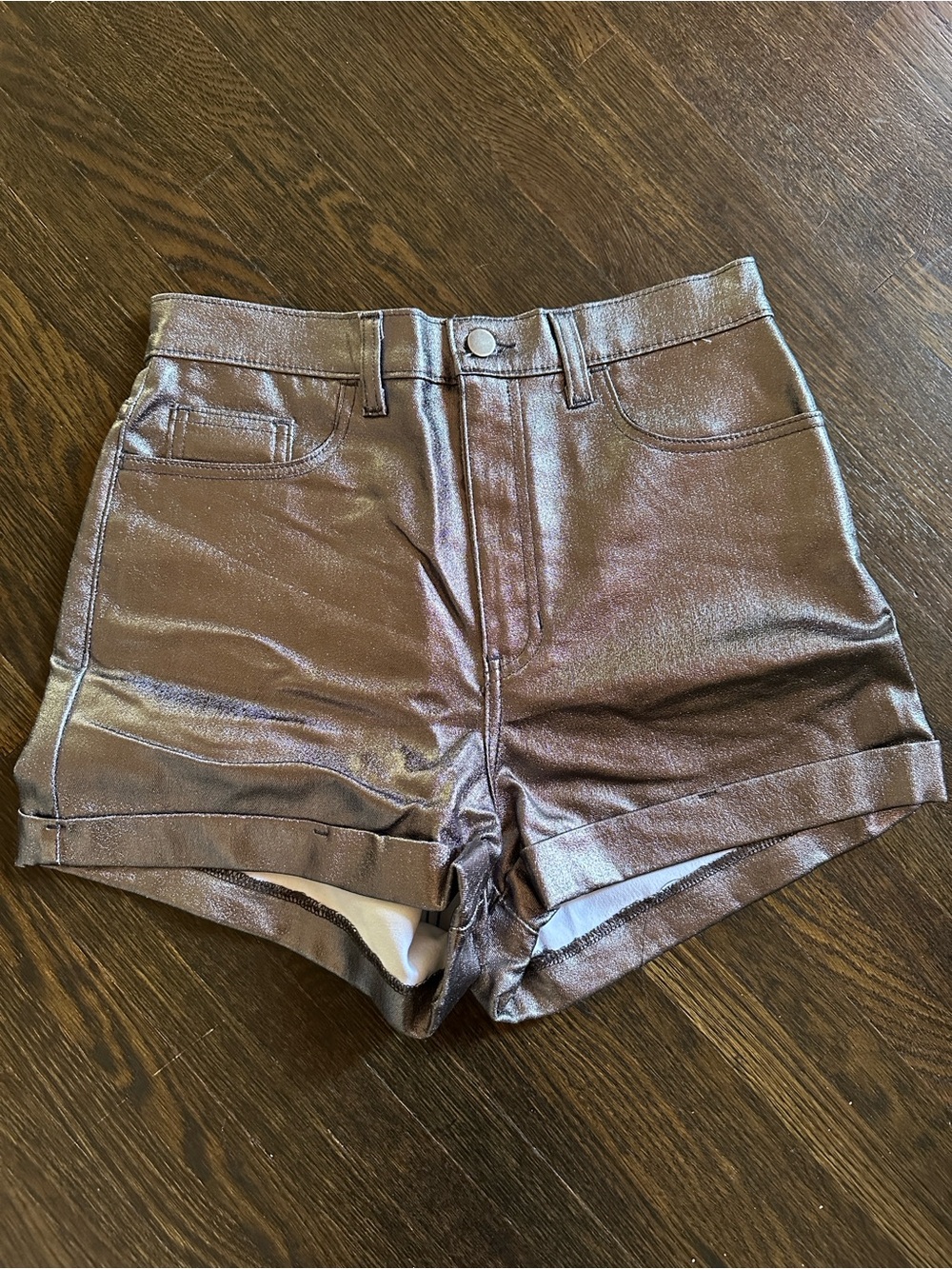 American Apparel Metallic Silver High-Waist Shorts waist 30